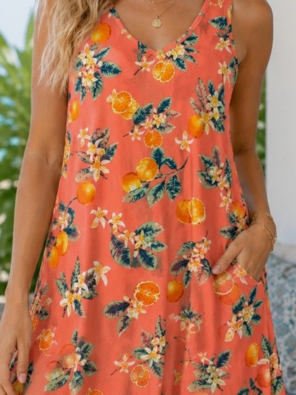 Allison Brittney Coral Peach Sleeveless Citrus Print Dress